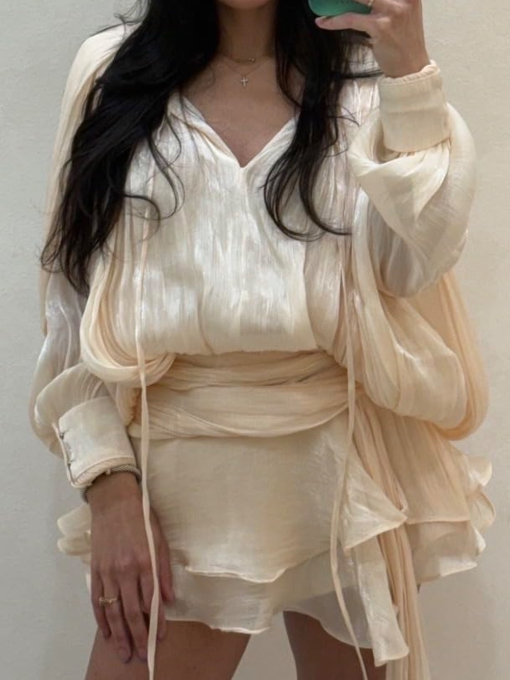 Elegant Ruffle Pleated Long Sleeve Tie Waist Cocktail Mini Dress with Shorts